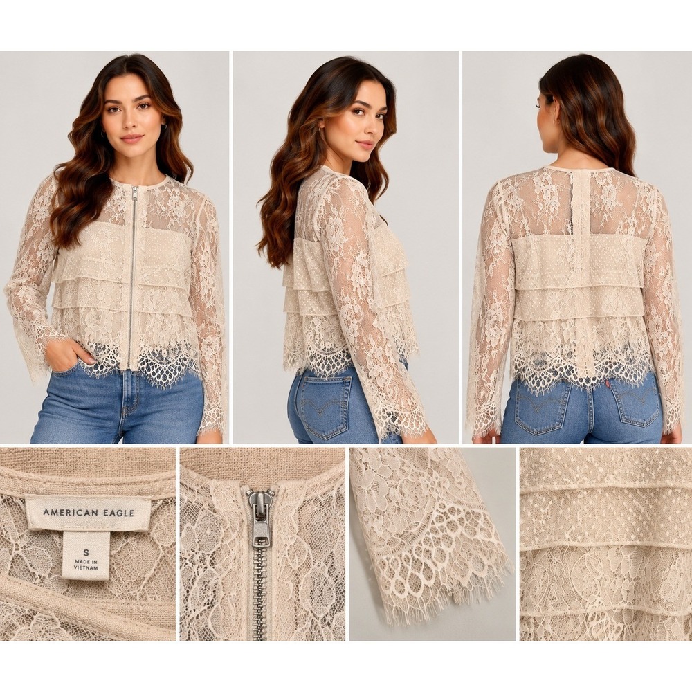 American Eagle Women Cream Sheer Floral Lace Zip Front Tiered Jacket Small